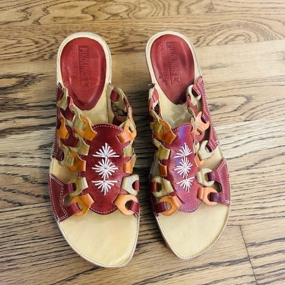 PIKOLINOS Shoes - Pikolinos Boho Aztec Leather Mule Slide Open Toe Red  Heel Sandal Size 36